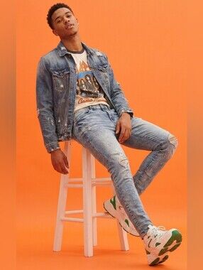 PacSun Light Blue Distressed Stacked Skinny Jeans with Paint-Splatter 29x30